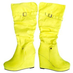 AMI CLUBWEAR Womens Yellow Faux Suede Platform Wedge Over Knee Boots Sz 8.5 NEW
